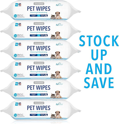 Vetnique Labs Furbliss Hygienic Pet Wipes for Dogs & Cats, Cleansing Grooming & Deodorizing Hypoallergenic Thick Wipes with All Natural Deoplex Deodorizer (Unscented, 600ct)