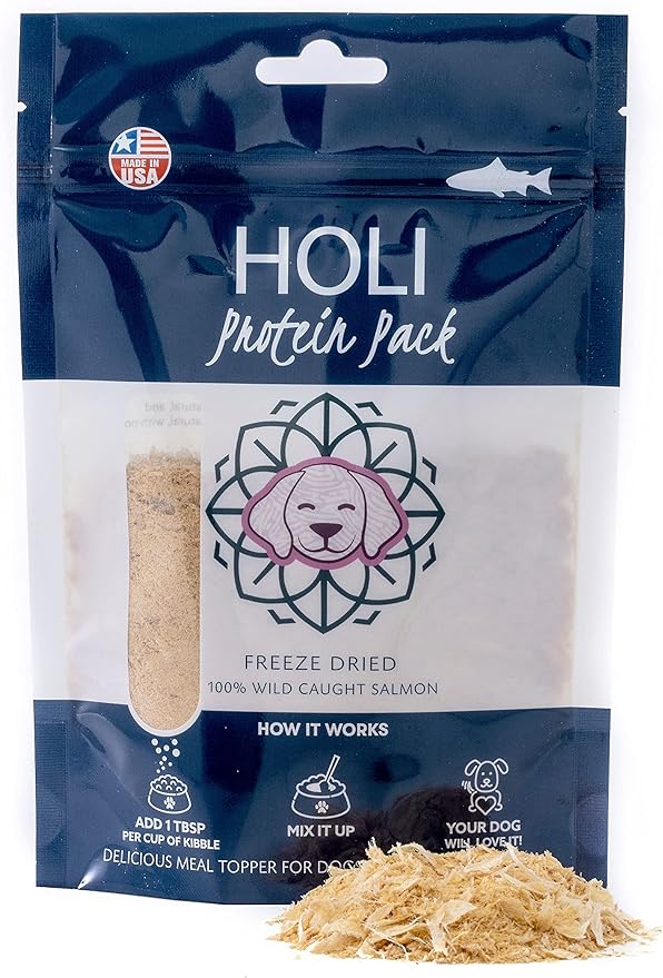 HOLI Freeze Dried Salmon Dog Food Topper - with Omega 3 & 6 - Single Ingredient, Human-Grade Wild Caught Salmon - Dog Food Flavor Enhancer for Picky Dogs – 100% All Natural - 3oz