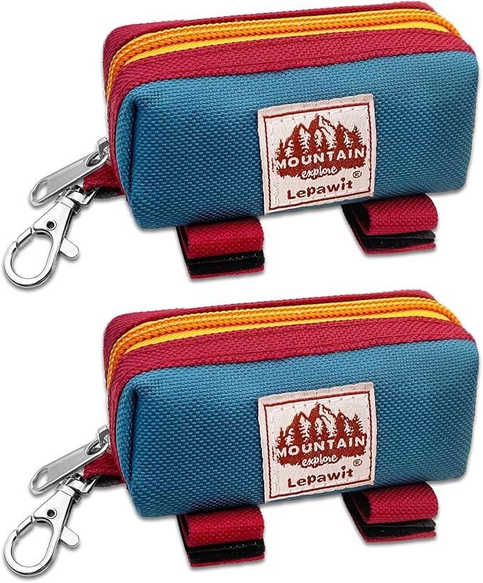 Dog Poop Bag Holder Zippered Pouch, Portable Dog Poop Bag Dispenser with 1 Metal Clip, Fashion Color Matching Canvas Waste Bag Holder for Leashes - 2pack