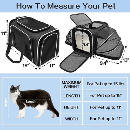 Cat Carrier Airline Approved Pet Carrier, Expandable Foldable Soft-Sided Dog Carrier, 3 Open Doors, 2 Reflective Tapes, Pet Travel Bag Safe and Easy for Cats and Dogs(Black)