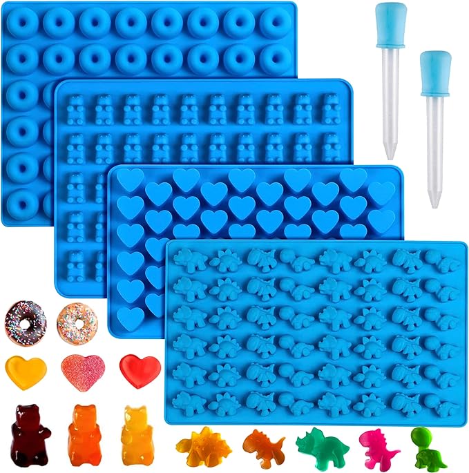 4Pcs Gummy Candy Molds, Gummy Bear Molds, Gummy Dinosaur Molds, Gummy Donut Molds and Gummy Hearts Molds, Non-stick Silicone Candy Molds with 2 Droppers (4Shapes)