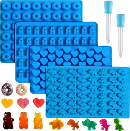 4Pcs Gummy Candy Molds, Gummy Bear Molds, Gummy Dinosaur Molds, Gummy Donut Molds and Gummy Hearts Molds, Non-stick Silicone Candy Molds with 2 Droppers (4Shapes)