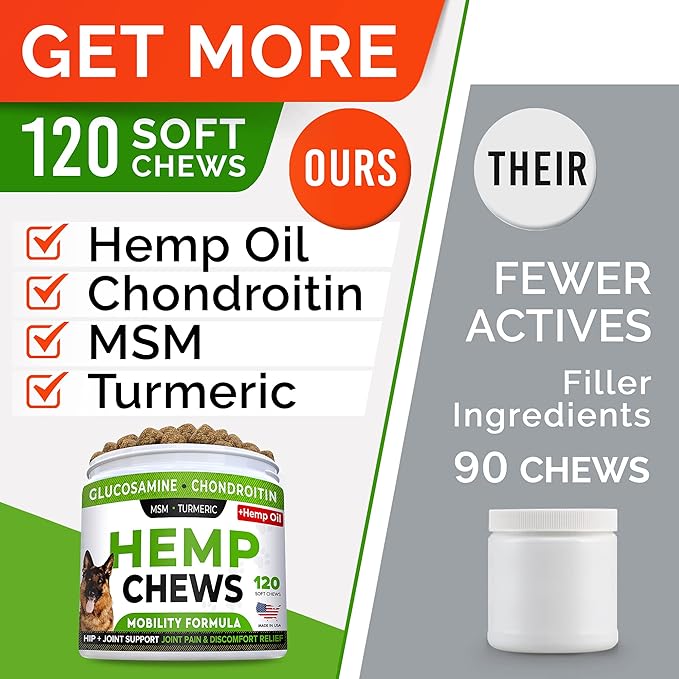 STRELLALAB Hemp Treats + Glucosamine for Dogs - Hip & Joint Supplement - w/Hemp Oil + Protein - Chondroitin, MSM, Turmeric to Improve Mobility & Energy - Natural Joint Pain Relief - Bacon Flavor