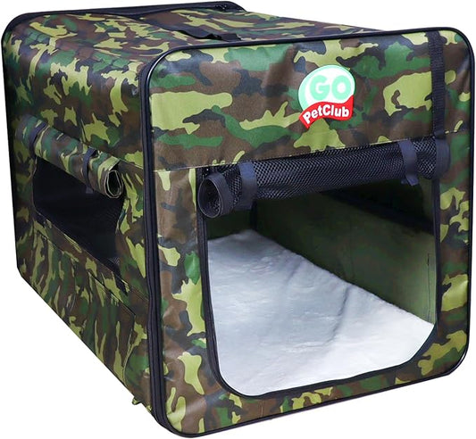 Go Pet Club 18" Soft Collapsible Dog Crate, Portable Pet Carrier, Thick Padded Pet Travel Crate for Indoor & Outdoor, Foldable Kennel Cage with Durable Mesh Windows, Forest Green Camo