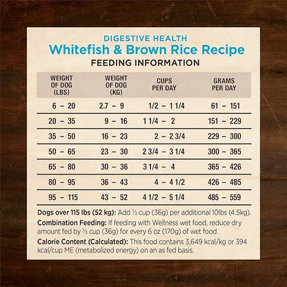 Wellness CORE Digestive Health Dry Dog Food with Wholesome Grains, Highly Digestible, for Dogs with Sensitive Stomachs, Made in USA with Real Protein (Whitefish & Brown Rice, 22-Pound Bag)