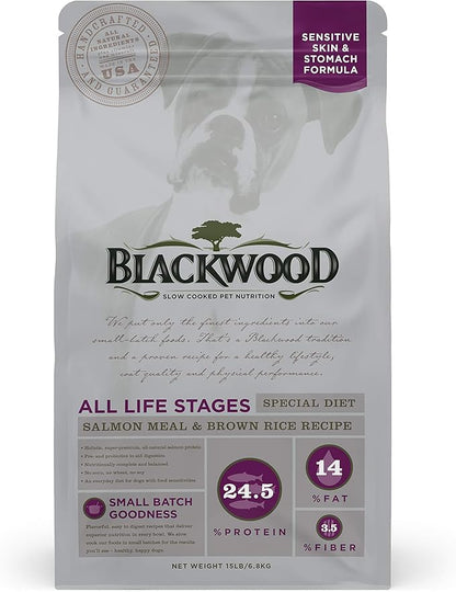 Blackwood Special Diet All Life Stages Dry Dog Food, 15Lb., Salmon Meal & Brown Rice Recipe, Sensitive Skin and Stomach, Grain Free Dog Food