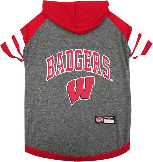 NCAA WISCONSIN BADGERS HOODIE for DOGS & CATS, X-SMALL COLLEGIATE Licensed DOG HOODY Tee Shirt. Sports HOODY T-Shirt for Pets. COLLEGE Sporty Dog Hoodie Shirt.