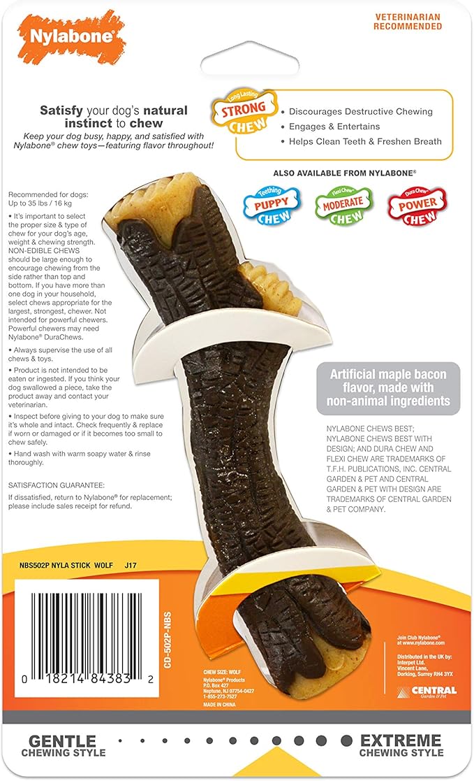 Nylabone Strong Chew Real Wood Stick Chew Toy for Dogs, Maple Bacon Flavor, Medium/Wolf (1 Count)