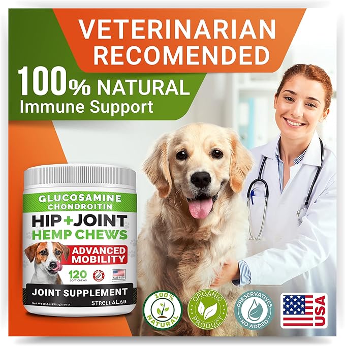Hemp + Glucosamine Dog Joint Supplement - Hemp Chews for Dogs Hip Joint Pain Relief - Omega 3, Chondroitin, MSM - Advanced Mobility Hemp Oil Treats - Bacon Flavor - 120 Ct - Made in USA