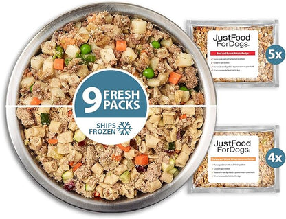 JustFoodForDogs Frozen Fresh Dog Food Topper Starter Pack, Beef & Turkey Human Grade Dog Food Recipes, 5.5 oz (Pack of 9)
