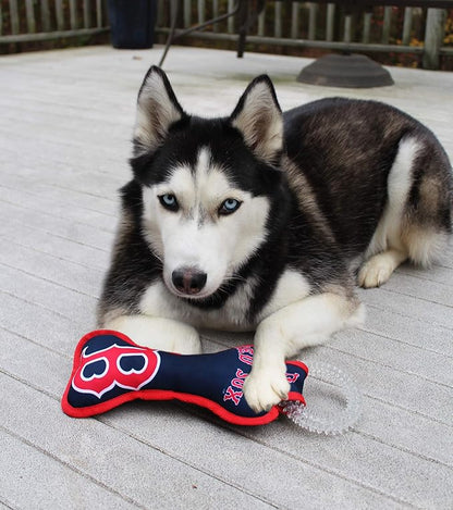 MLB Boston Red Sox Bone Shaped Dental Dog TUG Toy with Squeaker. Tough PET Toy for Healthy Fun, Teething, and Cleaning pet's Teeth and Gum.