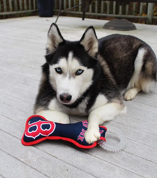MLB Boston Red Sox Bone Shaped Dental Dog TUG Toy with Squeaker. Tough PET Toy for Healthy Fun, Teething, and Cleaning pet's Teeth and Gum.
