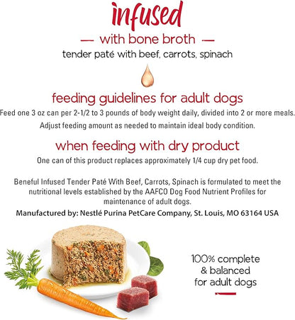 Beneful Purina Infused Wet Dog Food Pate, with Real Beef, Carrots and Spinach, with Bone Broth for Dogs - (8 Packs of 3) 3 oz. Sleeves