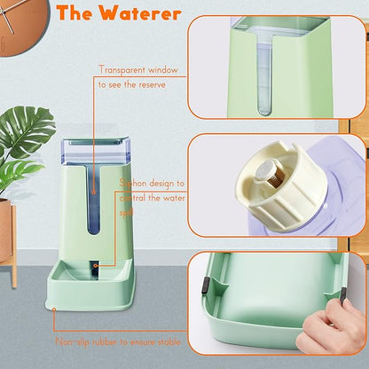 Automatic Cat Feeder and Cat Water Dispenser in Set 2 Packs Automatic Dog Feeder and Dog Water Dispenser 1 Gallon for Small Medium Big Dog Pets Puppy Kitten (green)