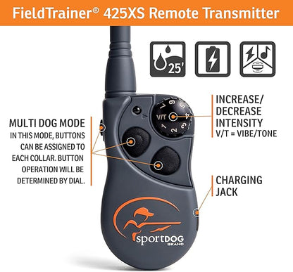 SportDOG Brand FieldTrainer 425XS Stubborn Dog Remote Trainer with Additional Shock Collar - Train 2 Dogs - 500 Yard Range - Rechargeable Training Collar with Static, Vibrate, and Tone