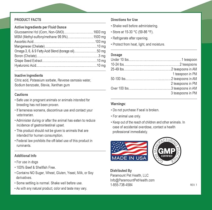 All-Natural Joint Pain Relief for Dogs - Vegetarian Glucosamine Without Shellfish - Msm Supplement for Pain - Vet Recommended Glucosamine Vegetarian - Arthritis Medicine & Glucosamine with Msm (32 oz)