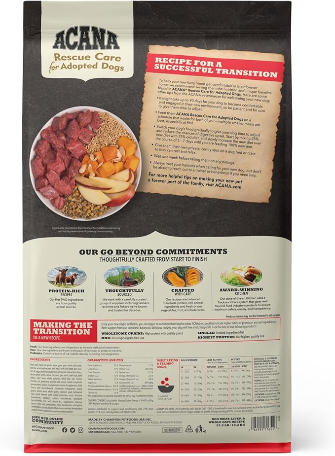 ACANA Rescue Care for Adopted Dogs Dry Dog Food, Red Meat, Liver & Whole Oats Recipe, 22.5lb