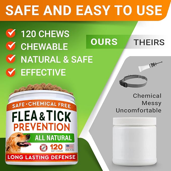 STRELLALAB Natural Flea and Tick Prevention Chews for Dogs - Chewable Tablets for Dogs - All Breeds and Ages - Made in USA Flea and Tick Remover Supplement - Bacon - 120 Treats
