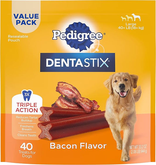 Pedigree DENTASTIX Adult Large Dog Dental Care Treats, Bacon Flavor, 2.08 lb. Pack (40 Treats)