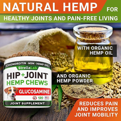 Advanced Hemp + Glucosamine Dog Joint Supplement - Hip Joint Pain Relief - Mobility Hemp Chews for Dogs - Chondroitin, MSM, Omega - Hemp Oil Treats - Made in USA - Lamb Flavor - 120 Hemp Treats