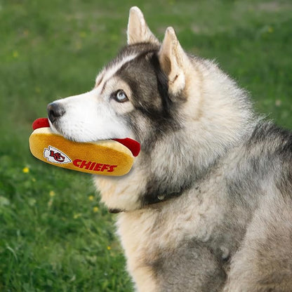 Pets First NFL Kansas City Chiefs HOT Dog Plush Dog & CAT Squeak Toy - Cutest HOT-Dog Snack Plush Toy for Dogs & Cats with Inner Squeaker & Beautiful Football Team Name/Logo 8 x 5 x 3 Inches