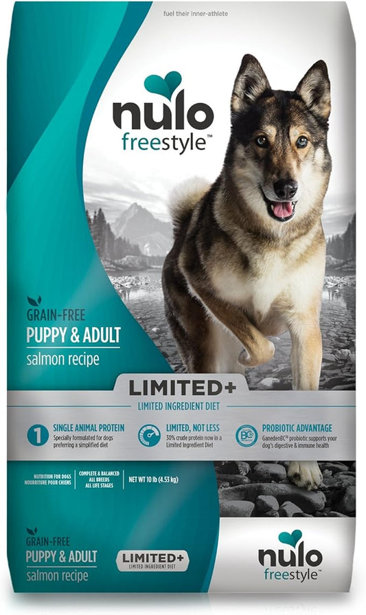 Nulo All Natural Dog Food: Freestyle Limited Plus Grain Free Puppy & Adult Dry Dog Food - Limited Ingredient Diet for Digestive & Immune Health - Allergy Sensitive Non GMO Salmon Recipe - 10 lb Bag