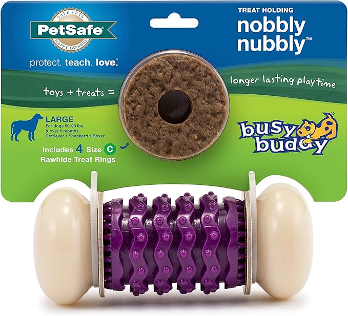 PetSafe Busy Buddy Nobbly Nubbly Treat Holding Dog Toy – Strong Chewers – Challenging - Treat Rings Included - Large
