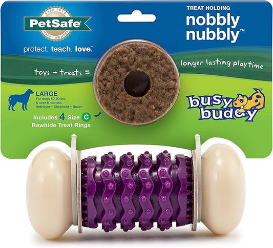 PetSafe Busy Buddy Nobbly Nubbly Treat Holding Dog Toy – Strong Chewers – Challenging - Treat Rings Included - Large