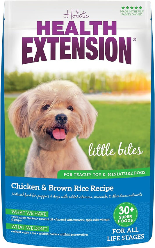 Health Extension Little Bites Dry Dog Food, Natural Food with Added Vitamins & Minerals, Suitable for Teacup, Toy & Small Dogs, Chicken & Brown Rice Recipe (10 Pound / 4.5 Kg)