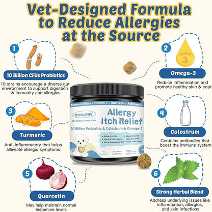 Dog Allergy Relief, Itchy Skin Relief - Digestive & Immune Supplement with Probiotics & Colostrum- Omega 3 Fish Oil for Skin & Coat Health - Anti Itch & Hot Spots + Seasonal Allergies - 100 Chews