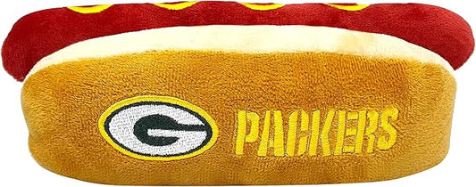 Pets First NFL Green Bay Packers HOT Dog Plush Dog & CAT Squeak Toy - Cutest HOT-Dog Snack Plush Toy for Dogs & Cats with Inner Squeaker & Beautiful Football Team Name/Logo 8 x 5 x 3 Inches