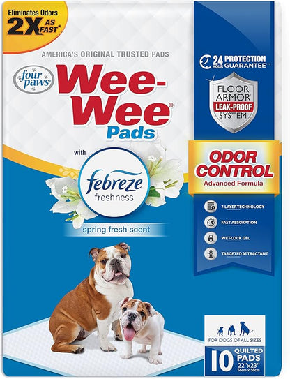 Four Paws Wee-Wee Odor Control with Febreze Freshness Pee Pads for Dogs of All Sizes, Leak-Proof Floor Protection Dog & Puppy Quilted Potty Training Pads, Spring Fresh Scent, 22" x 23" (10 Count)