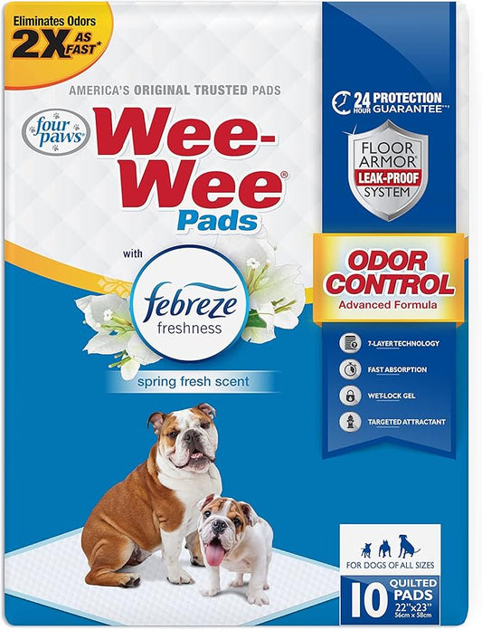 Four Paws Wee-Wee Odor Control with Febreze Freshness Pee Pads for Dogs of All Sizes, Leak-Proof Floor Protection Dog & Puppy Quilted Potty Training Pads, Spring Fresh Scent, 22" x 23" (10 Count)