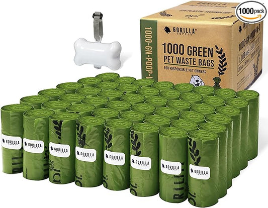 GORILLA SUPPLY Dog Poop Waste Bags with Dispenser and Leash Tie, 9" x 13", Green, 1000 Count