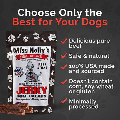 Miss Nelly's -All Natural Beef Jerky Dog Treats - Soft Sticks - USA Made and Sourced - Original Smoke House Recipe - Small Batch Beef Jerky for Dogs - Minimally Processed - 8 oz. Bag