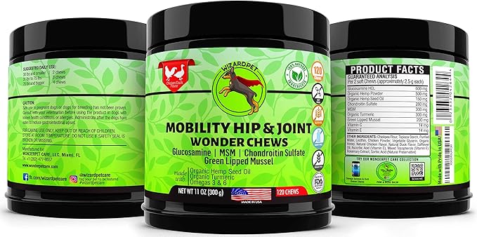 Advanced Hemp Hip and Joint Supplement for Dogs - Hemp Oil Glucosamine Chondroitin for Dog - Omegas - Turmeric - MSM - Green Lipped Mussel, Made in USA treats support mobility - 120 Chews