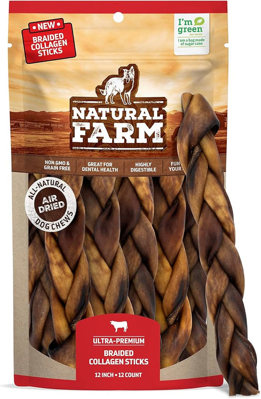Natural Farm Odor Free Braided Collagen Chews for Dogs (12 Inch, 12 Pack), Collagen Sticks, Natural Dog Chews, Long Lasting, for Small, Medium and Large Dogs, Odor-Free, Rawhide Alternative