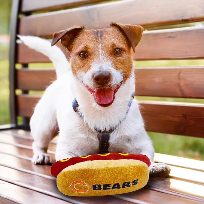 Pets First NFL Chicago Bears HOT Dog Plush Dog & CAT Squeak Toy - Cutest HOT-Dog Snack Plush Toy for Dogs & Cats with Inner Squeaker & Beautiful Football Team Name/Logo 8 x 5 x 3 Inches