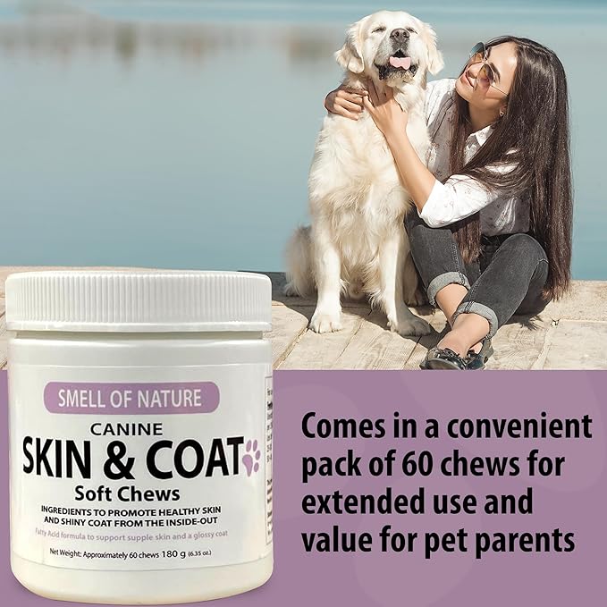 Dog Skin & Coat Supplement Chews - Skin Health Chewable Supplement for All Ages & Breeds - Promotes Healthy Skin & Lustrous Coat - Rich in Omega Fatty Acids & Vitamins – 60 Chews