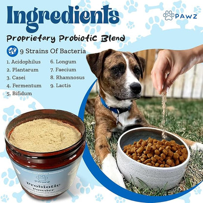 PAWZ Probiotic Powder for Dogs - 90 Scoops Steak Flavor - Promotes Gut Health and Digestion - Probiotics Supplement Support Immune System & Skin and Coat Health - Suitable for All Types of Dogs