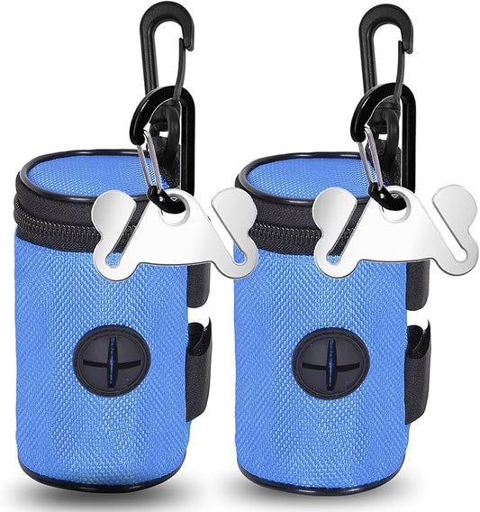 2 Pack Dog Poop Bag Holder for Leash Attachment - Waste Bag Dispenser for Leash - Fits Any Dog Leash - Portable Set with Hand Free Holder Metal Carrier, Round Style, Blue