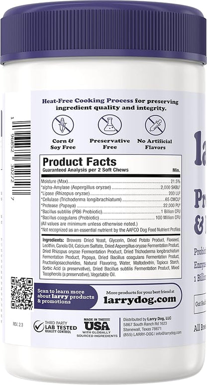 Dog Probiotics and Digestive Enzymes by Larry | 1 Billion CFUs of Probiotics for Dogs | Digestion, Bowel Support, & Gut Health for Dogs | Probiotic Chew for Dogs All Breeds & Sizes, (60 Soft Chews)