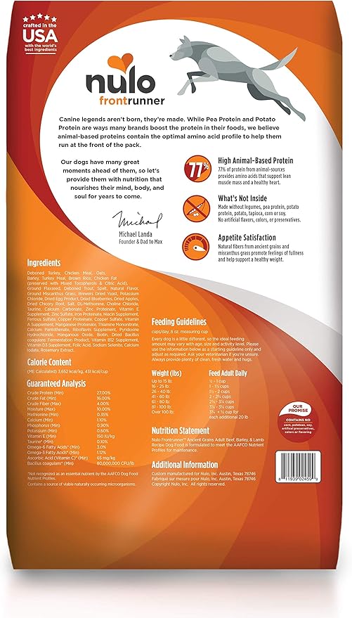 Nulo Frontrunner Dry Dog Food for Adult Dogs - Grain Inclusive Recipe with Turkey, Trout, & Spelt - All Natural Pet Foods with High Taurine Levels - Animal Protein for Lean Strong Muscles