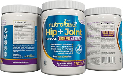 Grain Free Hip & Joint Supplement for Dogs with Organic Hemp Oil, Glucosamine Chondroitin, Turmeric, MSM, Green Lipped Mussel for Arthritis, Pain Relief, Mobility All Natural - 120 Chews