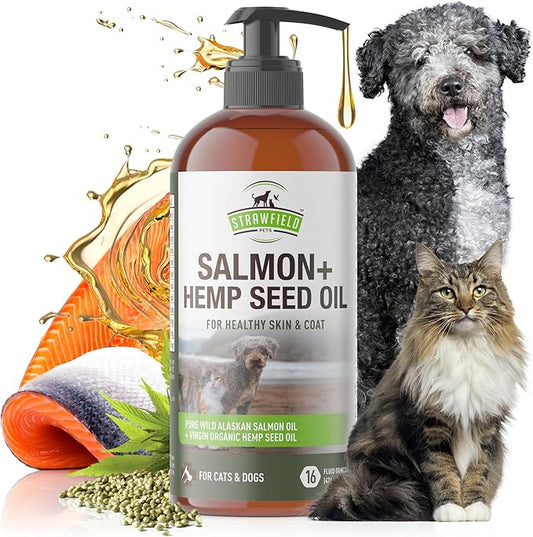 Strawfield Pets' Salmon + Hemp Oil Wild Alaskan Salmon Oil for Dogs & Cats with Organic Pet Hemp Oil Liquid Omega 3 Fish Oil for Dog Shedding, Dry Itchy Skin, Coat Supplement, USA 16 oz / 474 ml