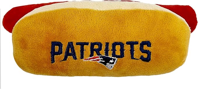 Pets First NFL New England Patriots HOT Dog Plush Dog & CAT Squeak Toy - Cutest HOT-Dog Snack Plush Toy for Dogs & Cats with Inner Squeaker & Beautiful Football Team Name/Logo 8 x 5 x 3 Inches