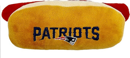 Pets First NFL New England Patriots HOT Dog Plush Dog & CAT Squeak Toy - Cutest HOT-Dog Snack Plush Toy for Dogs & Cats with Inner Squeaker & Beautiful Football Team Name/Logo 8 x 5 x 3 Inches