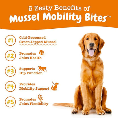 Zesty Paws Mussel Mobility Bites for Dogs - New Zealand Green Lipped Mussel with Natural Glucosamine & Chondroitin + Omega-3 Fatty Acids - Hip & Joint Support Supplement Soft Chews – 90 Count