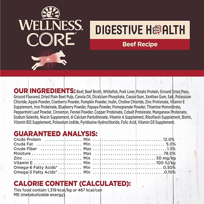 Wellness CORE Digestive Health Chicken & Beef Pate Variety Pack Grain Free Wet Dog Food, 13 Ounce Can (Pack of 6)