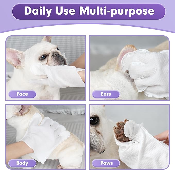 cyeollo Pet Cleaning Wipes for Dogs Fur & Butt, Dog Dry Grooming Bath Glove Wipes for Deodorizing, Lick Safe Cats Cleaning Wipes, Wash Free, 24PCS
